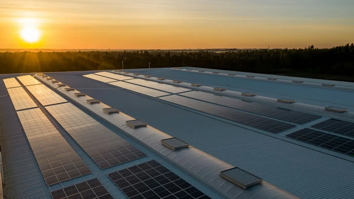 Rooftop solar panels across a large factory roof at sunset