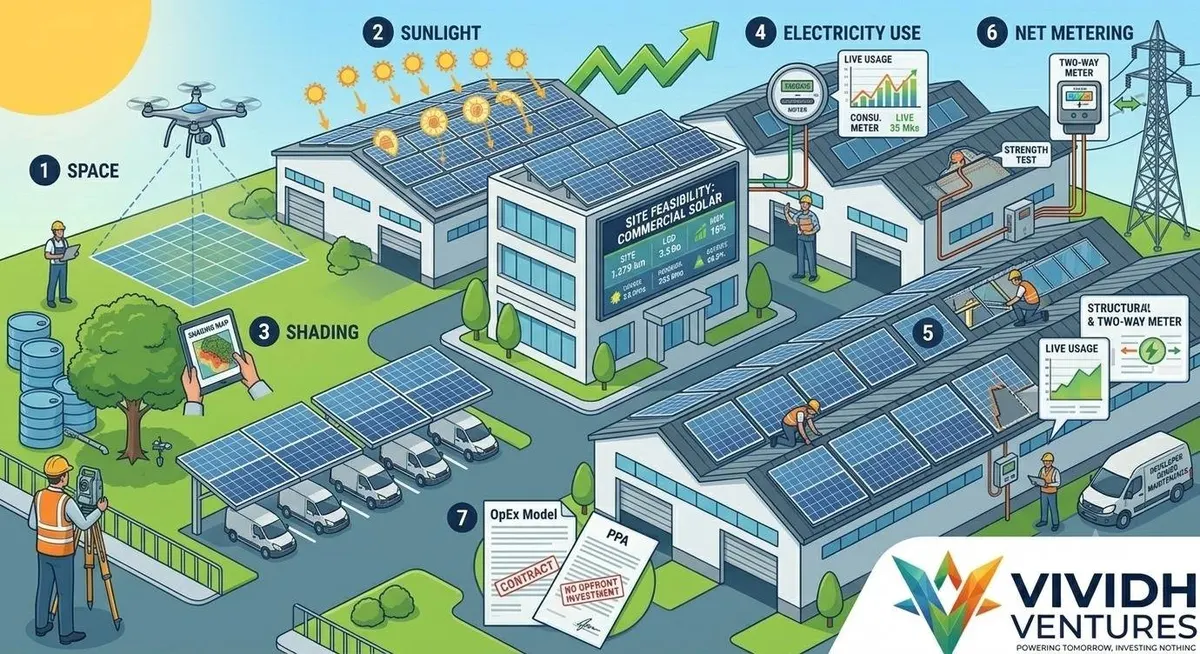 Illustration of an industrial property checked for solar suitability