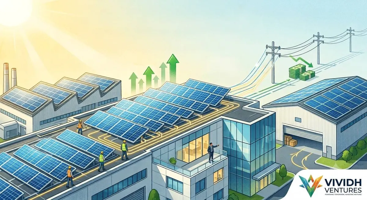 Illustration of commercial buildings powered by rooftop solar