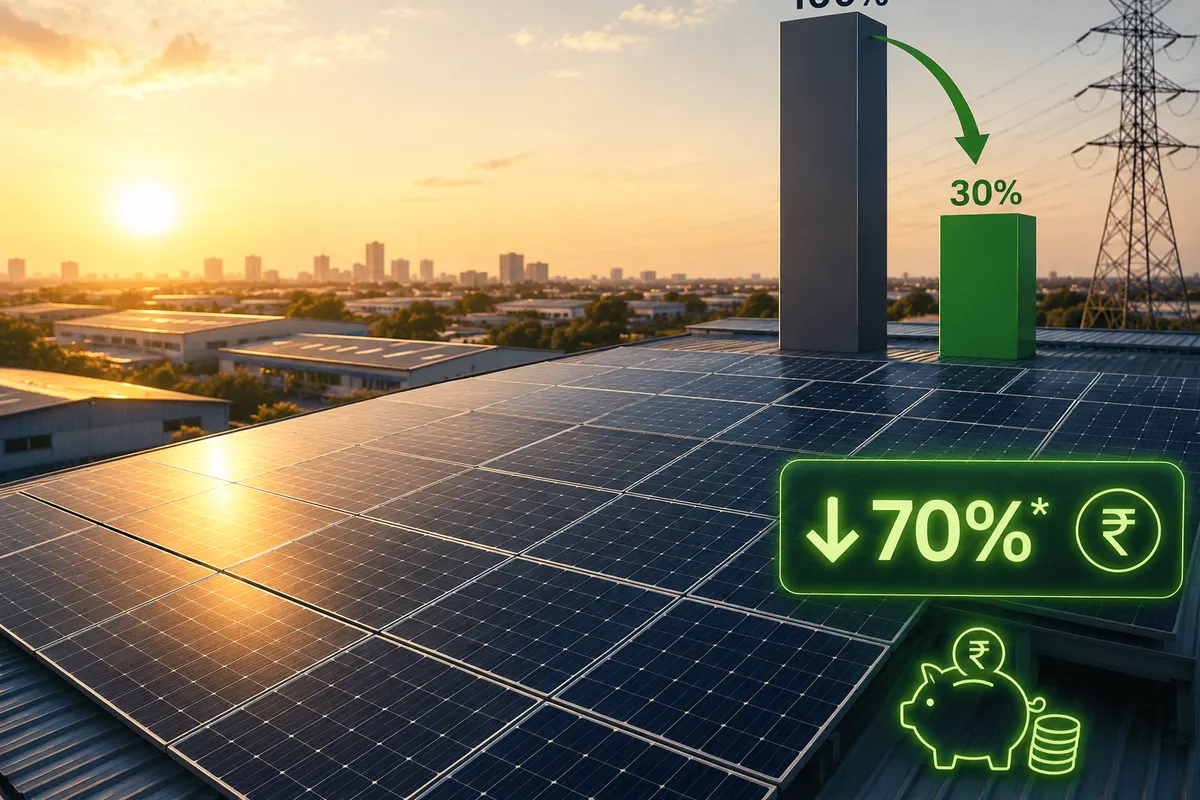 Commercial rooftop solar plant with a 70% bill reduction graphic