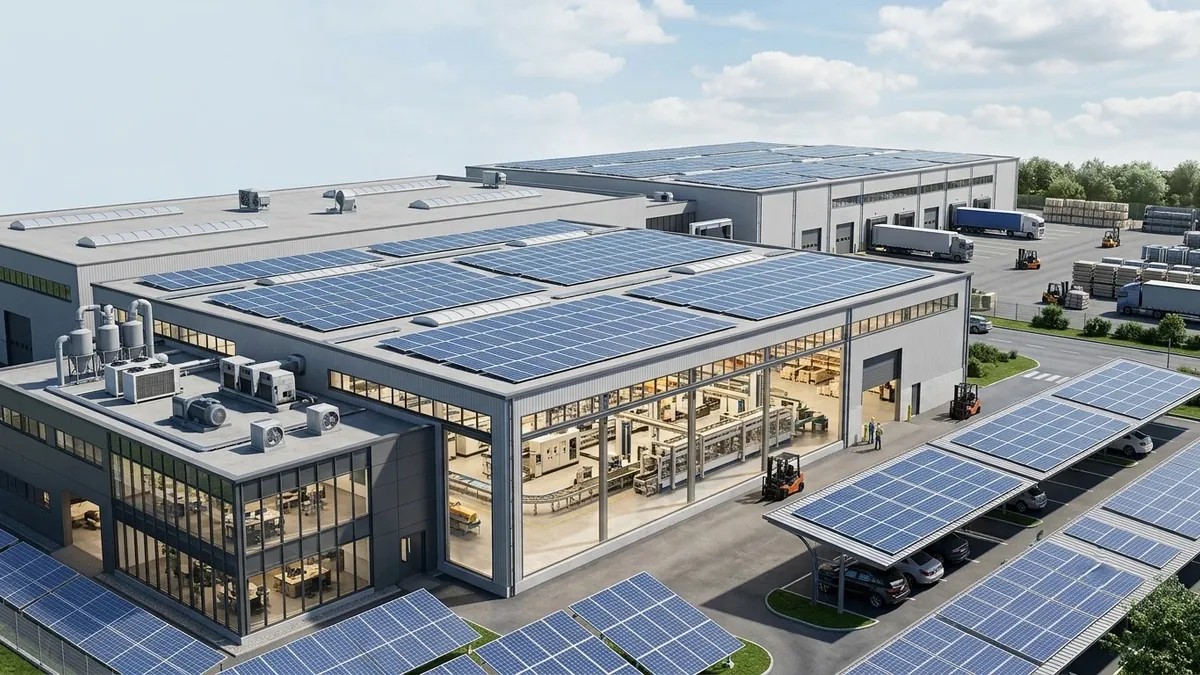 Factory with solar panels on its rooftops and over the parking area, beside a busy loading yard