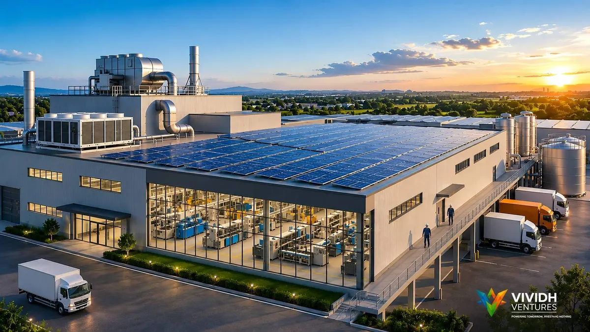 Warehouse with rooftop solar panels at sunset