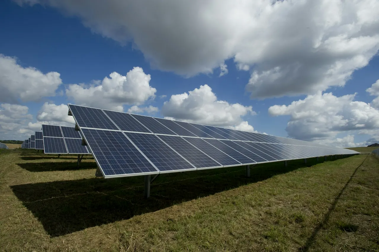 Close-up of solar panels on a green field